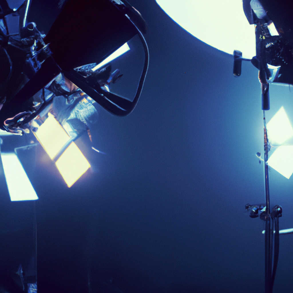 전문 촬영 스튜디오의 내부: 소프트박스 조명, 시네마 카메라, 삼각대, 네온 악센트와 리플렉터가 배치된 초현실적 장면